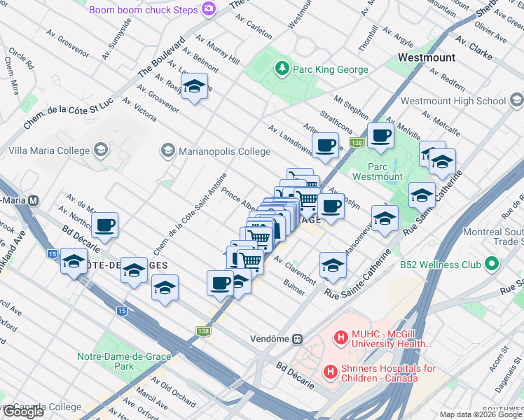 map of restaurants, bars, coffee shops, grocery stores, and more near 35 Avenue Chesterfield in Westmount