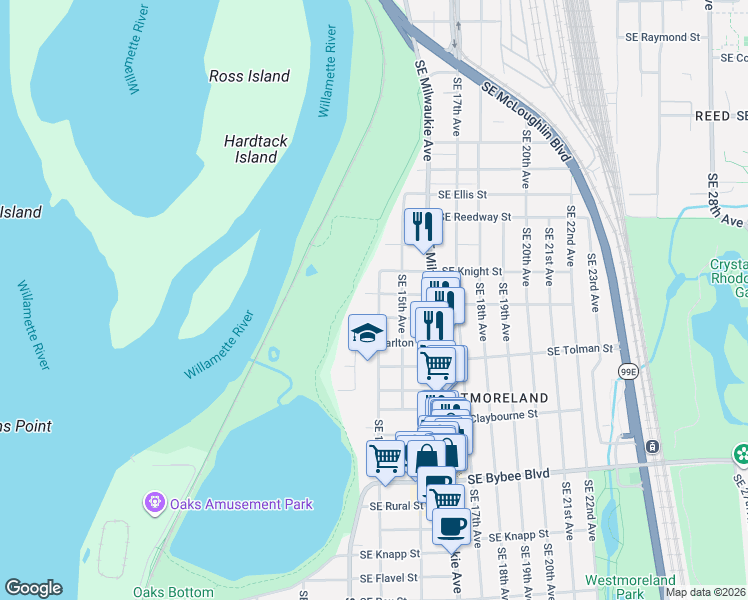 map of restaurants, bars, coffee shops, grocery stores, and more near 6007 Southeast 14th Avenue in Portland