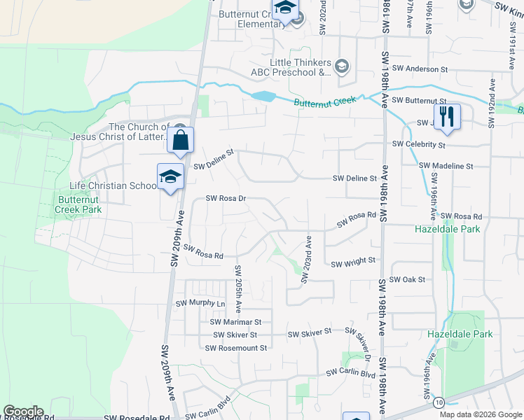 map of restaurants, bars, coffee shops, grocery stores, and more near 20434 Southwest Rosa Drive in Aloha
