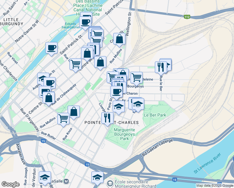 map of restaurants, bars, coffee shops, grocery stores, and more near 604 Rue Charon in Montréal