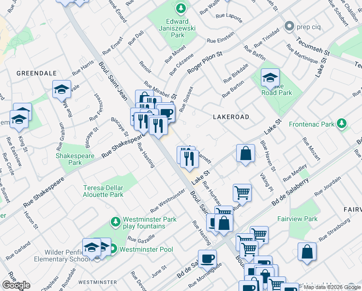 map of restaurants, bars, coffee shops, grocery stores, and more near 250 Rue Barnett in Dollard-des-Ormeaux