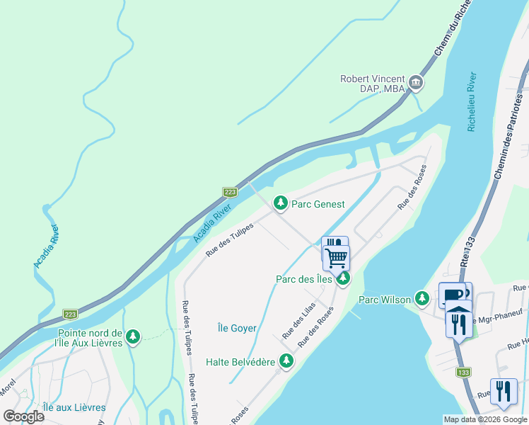 map of restaurants, bars, coffee shops, grocery stores, and more near Rue des Tulipes in Carignan