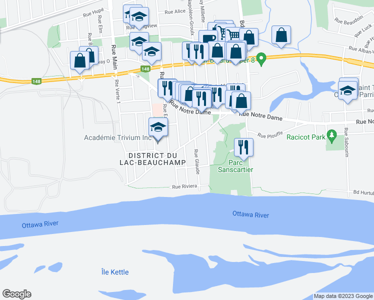 map of restaurants, bars, coffee shops, grocery stores, and more near 74 Rue Saint-Paul in Gatineau