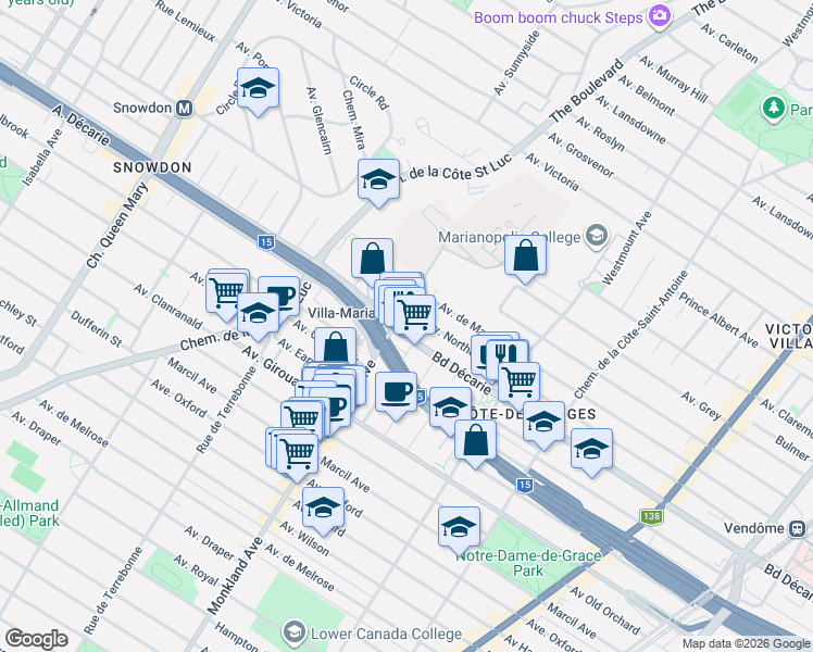 map of restaurants, bars, coffee shops, grocery stores, and more near 4235 Boulevard Décarie in Montréal