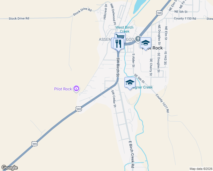 map of restaurants, bars, coffee shops, grocery stores, and more near 565 Southwest Birch Place in Pilot Rock