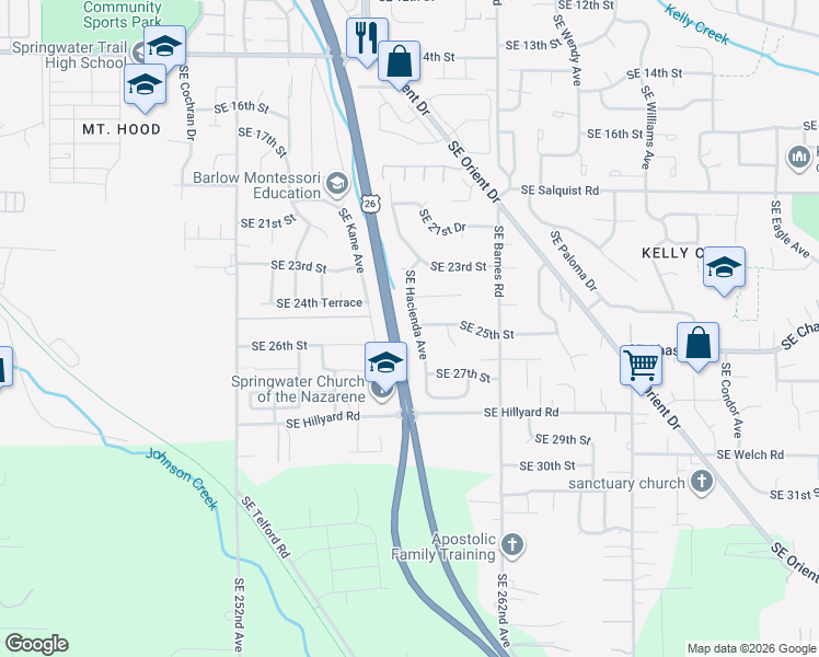 map of restaurants, bars, coffee shops, grocery stores, and more near 2637 Southeast Hacienda Avenue in Gresham