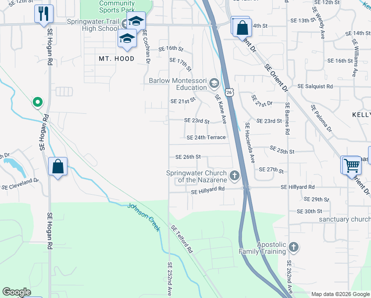 map of restaurants, bars, coffee shops, grocery stores, and more near 3066 Southeast 26th Street in Gresham