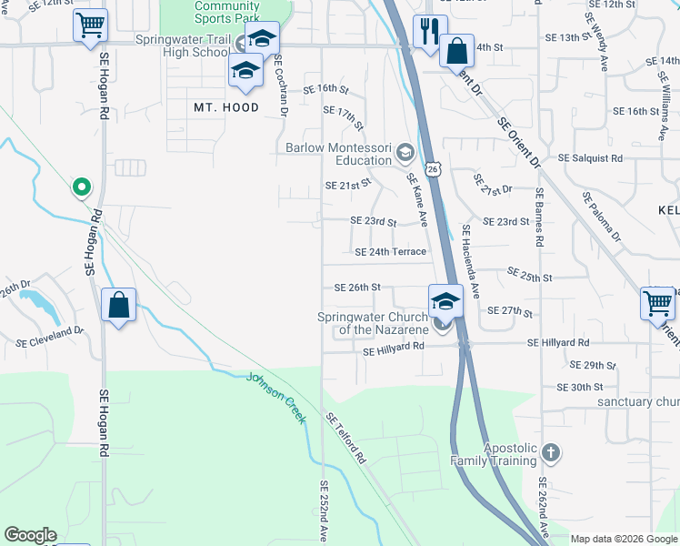 map of restaurants, bars, coffee shops, grocery stores, and more near 2956 Southeast 26th Street in Gresham
