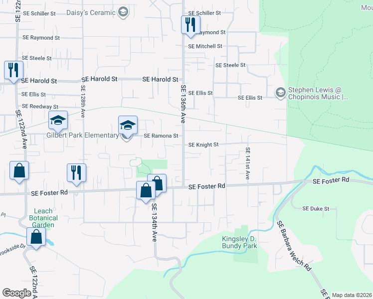 map of restaurants, bars, coffee shops, grocery stores, and more near 6022 Southeast 136th Avenue in Portland