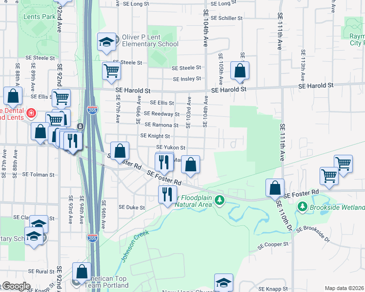 map of restaurants, bars, coffee shops, grocery stores, and more near 6033 Southeast 103rd Avenue in Portland