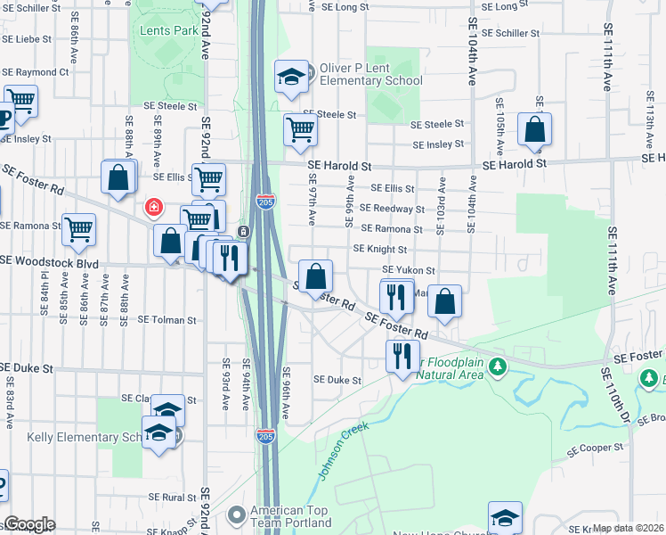 map of restaurants, bars, coffee shops, grocery stores, and more near 6025 Southeast 99th Avenue in Portland