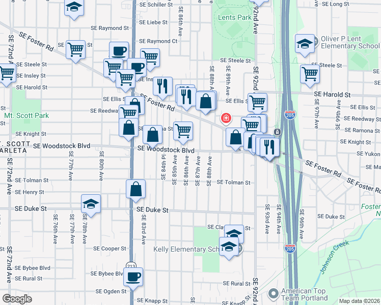map of restaurants, bars, coffee shops, grocery stores, and more near 6102 Southeast 86th Avenue in Portland