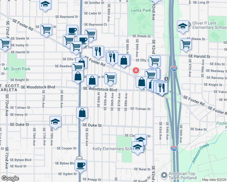 map of restaurants, bars, coffee shops, grocery stores, and more near 6102 Southeast 86th Avenue in Portland