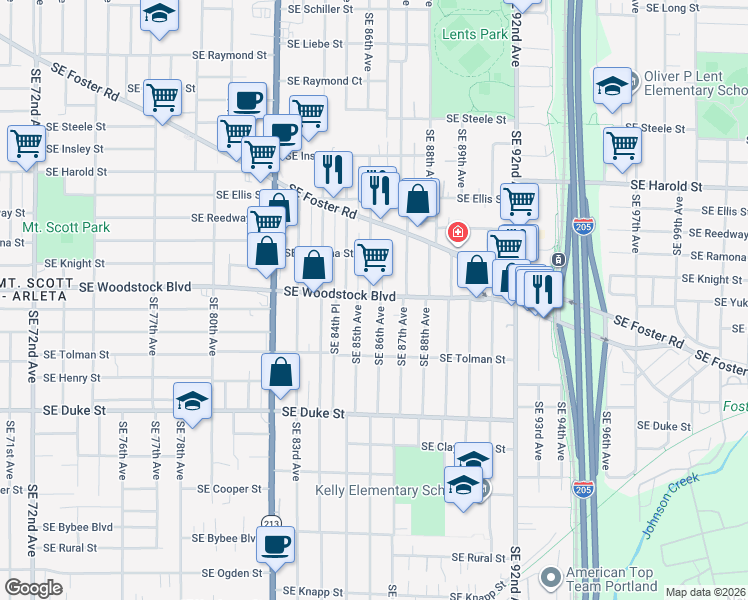 map of restaurants, bars, coffee shops, grocery stores, and more near 6102 Southeast 86th Avenue in Portland