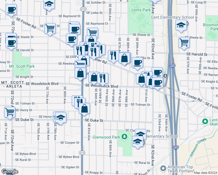 map of restaurants, bars, coffee shops, grocery stores, and more near 6113 Southeast 85th Avenue in Portland
