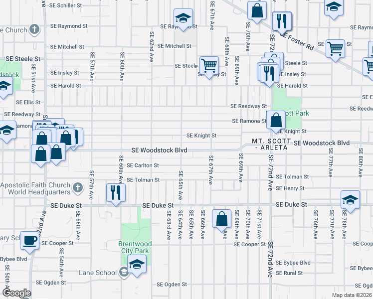 map of restaurants, bars, coffee shops, grocery stores, and more near 6517 Southeast Carlton Street in Portland