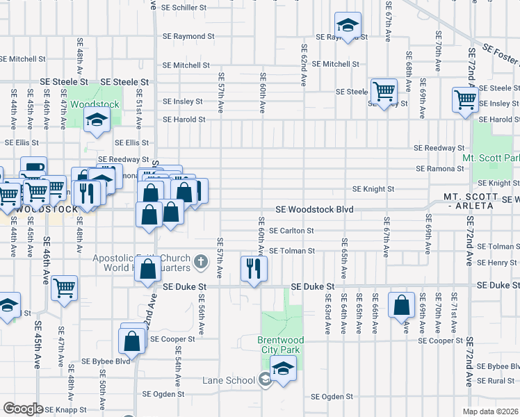 map of restaurants, bars, coffee shops, grocery stores, and more near 5915 Southeast Carlton Street in Portland