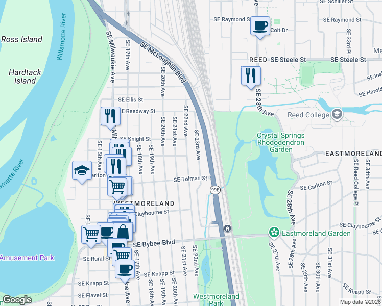 map of restaurants, bars, coffee shops, grocery stores, and more near in Portland