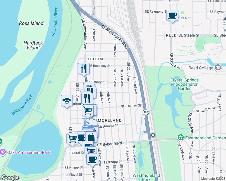 map of restaurants, bars, coffee shops, grocery stores, and more near 6034 Southeast 19th Avenue in Portland