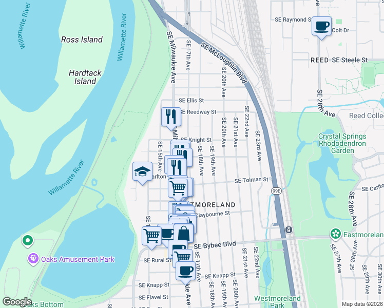 map of restaurants, bars, coffee shops, grocery stores, and more near 6029 Southeast 18th Avenue in Portland