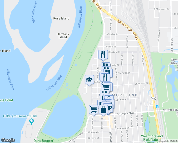map of restaurants, bars, coffee shops, grocery stores, and more near 1336 Southeast Martins Street in Portland