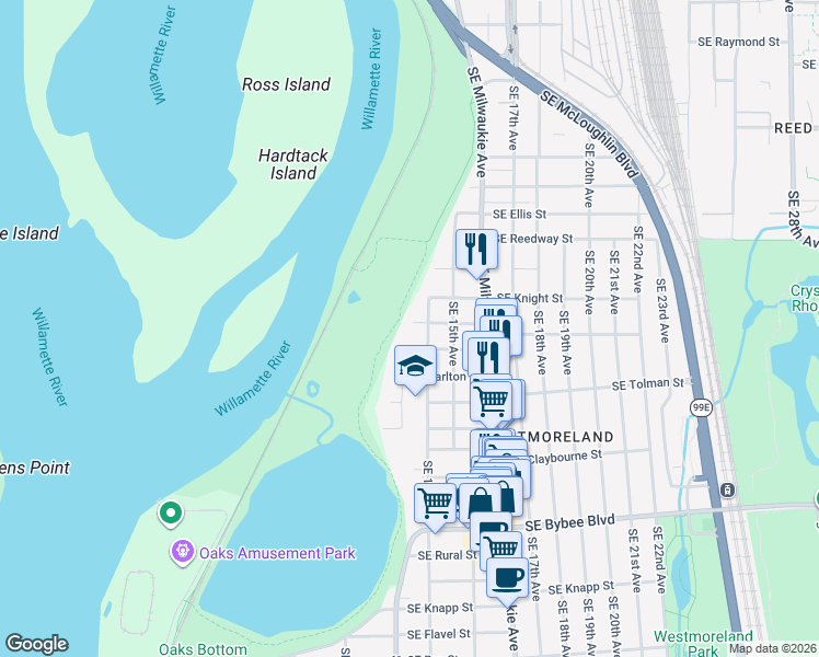 map of restaurants, bars, coffee shops, grocery stores, and more near 1336 Southeast Martins Street in Portland