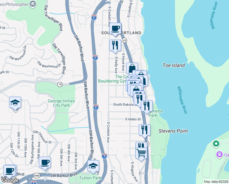 map of restaurants, bars, coffee shops, grocery stores, and more near 6318 South Corbett Avenue in Portland