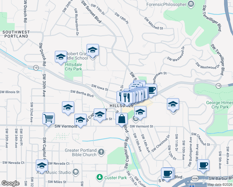 map of restaurants, bars, coffee shops, grocery stores, and more near 1918 Southwest Carolina Street in Portland