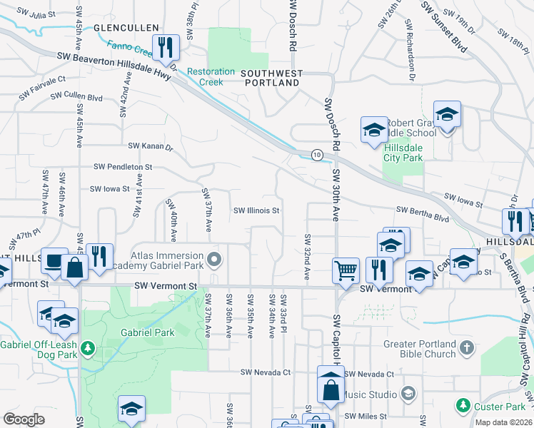 map of restaurants, bars, coffee shops, grocery stores, and more near 3408 Southwest Carolina Street in Portland