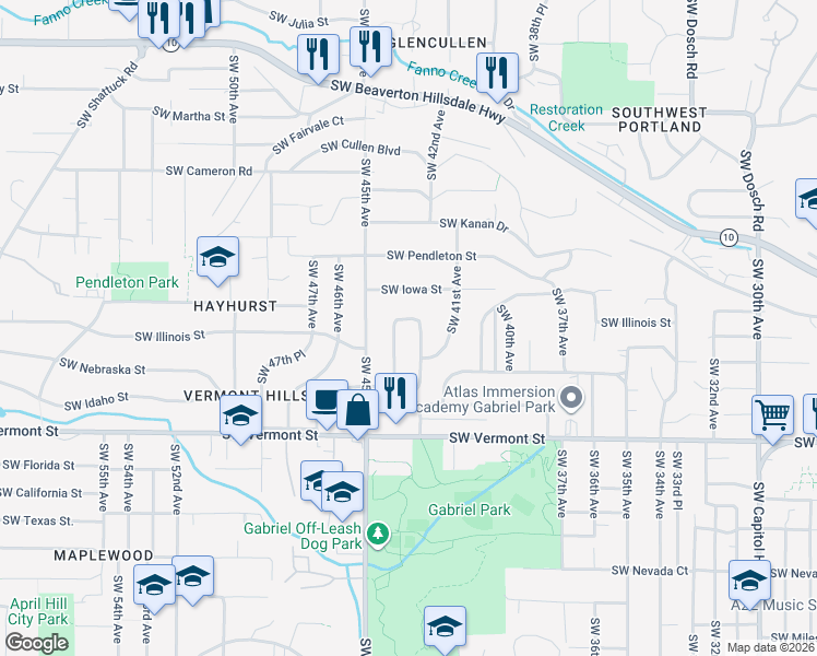 map of restaurants, bars, coffee shops, grocery stores, and more near 6421 Southwest Loop Drive in Portland