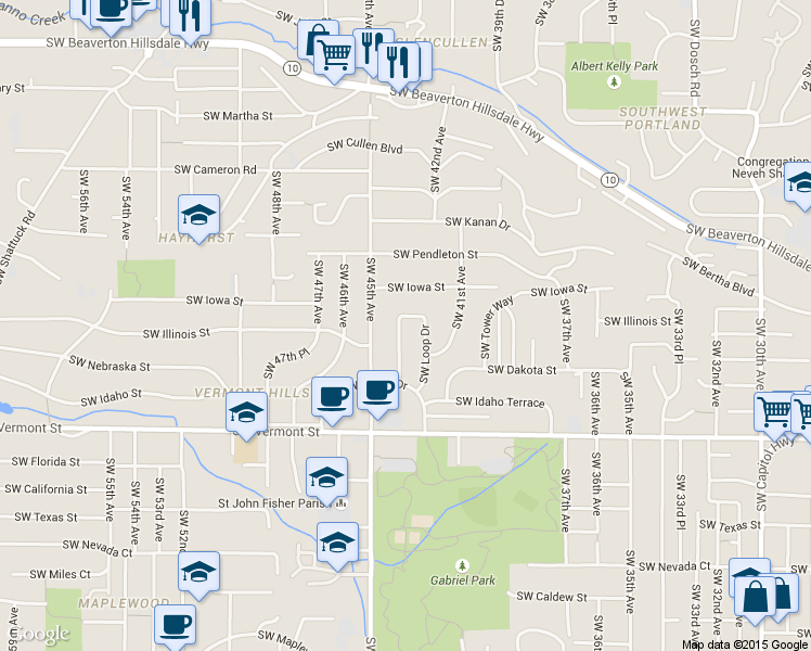 map of restaurants, bars, coffee shops, grocery stores, and more near 6458 Southwest Loop Drive in Portland