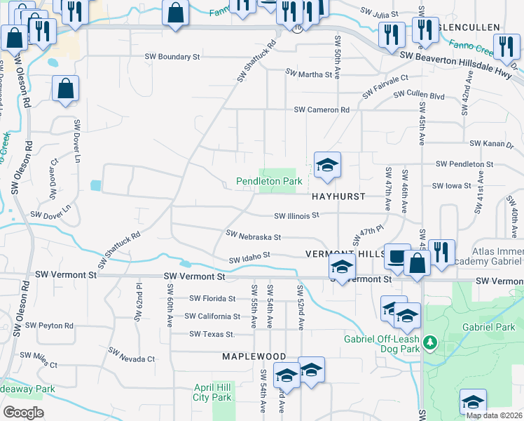 map of restaurants, bars, coffee shops, grocery stores, and more near 5425 Southwest Nebraska Street in Portland