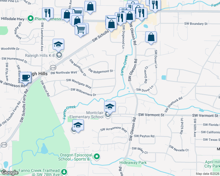 map of restaurants, bars, coffee shops, grocery stores, and more near 7220 Southwest Willowmere Drive in Portland