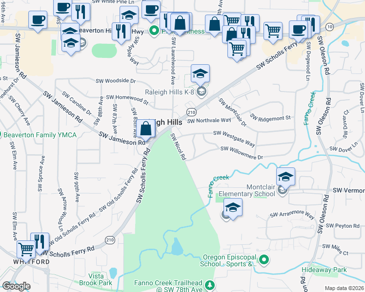 map of restaurants, bars, coffee shops, grocery stores, and more near 5760 Southwest Nicol Road in Portland