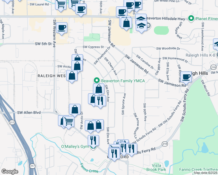 map of restaurants, bars, coffee shops, grocery stores, and more near 5775 Southwest Elm Avenue in Beaverton