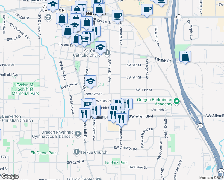 map of restaurants, bars, coffee shops, grocery stores, and more near 5755 Southwest Franklin Avenue in Beaverton