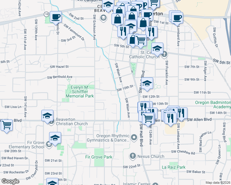 map of restaurants, bars, coffee shops, grocery stores, and more near 5700 Southwest Taralynn Avenue in Beaverton