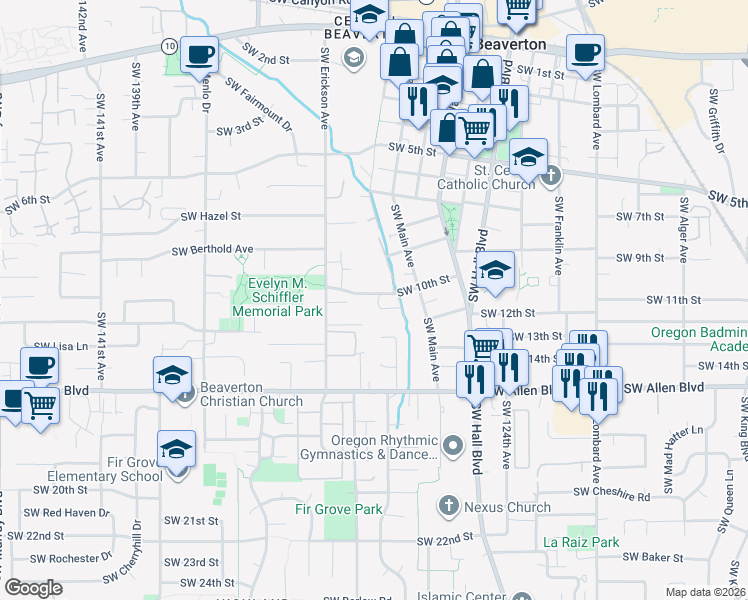 map of restaurants, bars, coffee shops, grocery stores, and more near 5700 Southwest Taralynn Avenue in Beaverton