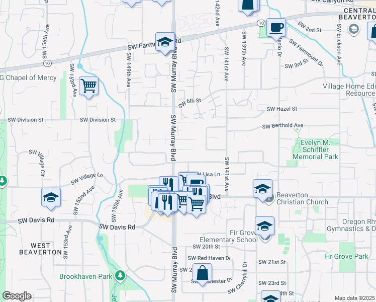 map of restaurants, bars, coffee shops, grocery stores, and more near 14350 Southwest Bonnie Brae Street in Beaverton