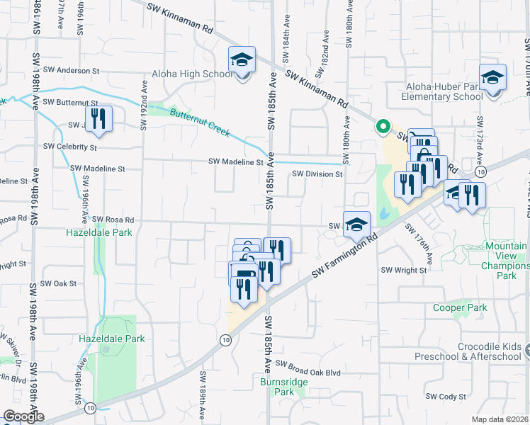 map of restaurants, bars, coffee shops, grocery stores, and more near 5705 Southwest 185th Avenue in Beaverton