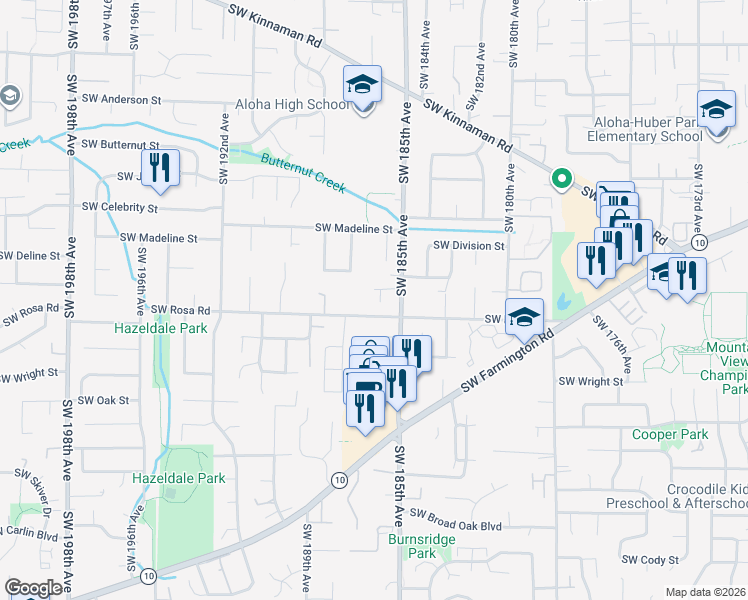map of restaurants, bars, coffee shops, grocery stores, and more near 5705 Southwest 185th Avenue in Beaverton