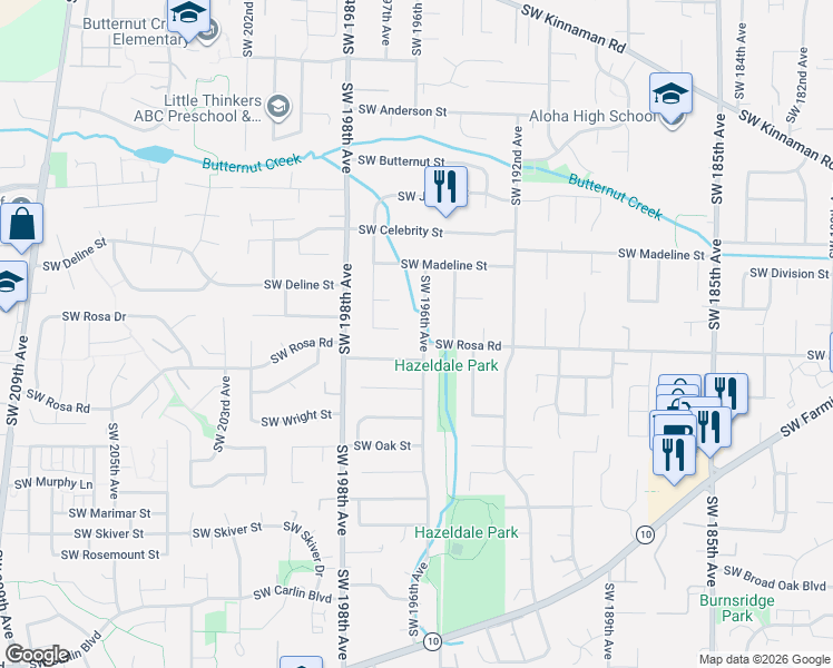 map of restaurants, bars, coffee shops, grocery stores, and more near 5700 Southwest 196th Avenue in Beaverton