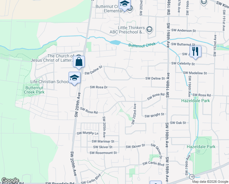 map of restaurants, bars, coffee shops, grocery stores, and more near 20434 Southwest Rosa Drive in Aloha