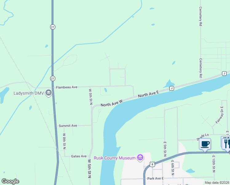 map of restaurants, bars, coffee shops, grocery stores, and more near 205 North Avenue East in Ladysmith