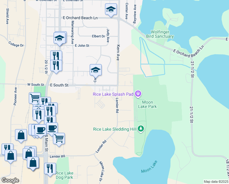 map of restaurants, bars, coffee shops, grocery stores, and more near 2025 Kern Avenue in Rice Lake