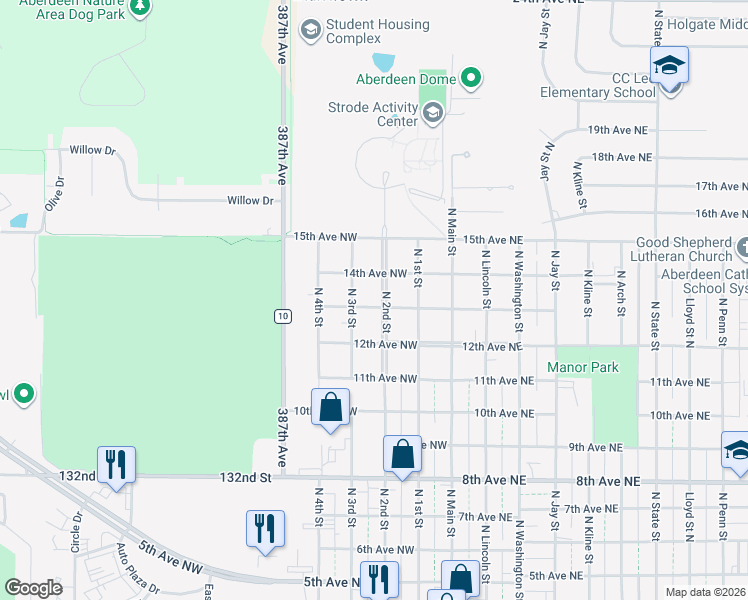 map of restaurants, bars, coffee shops, grocery stores, and more near 1205 North 2nd Street in Aberdeen