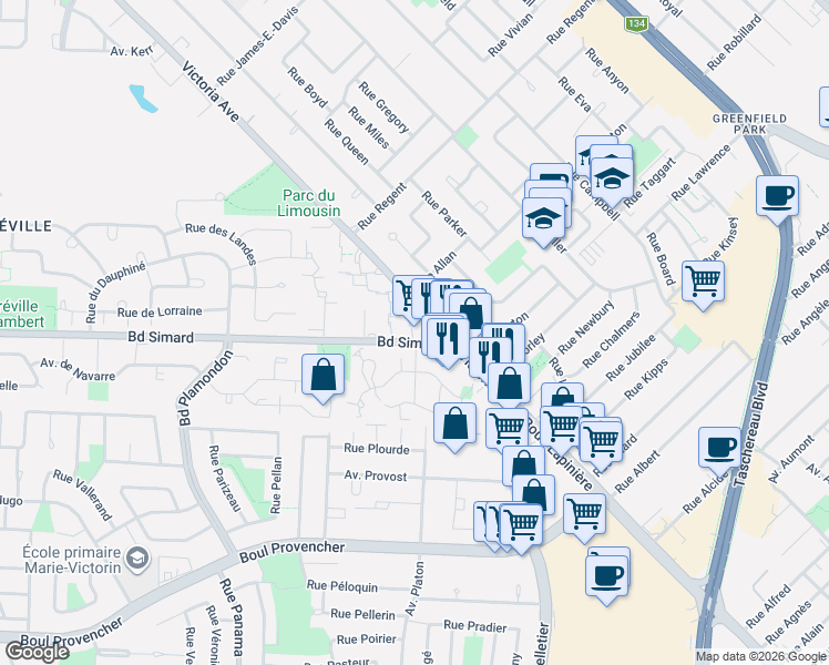 map of restaurants, bars, coffee shops, grocery stores, and more near Place de Chambord in Sainte-Julie
