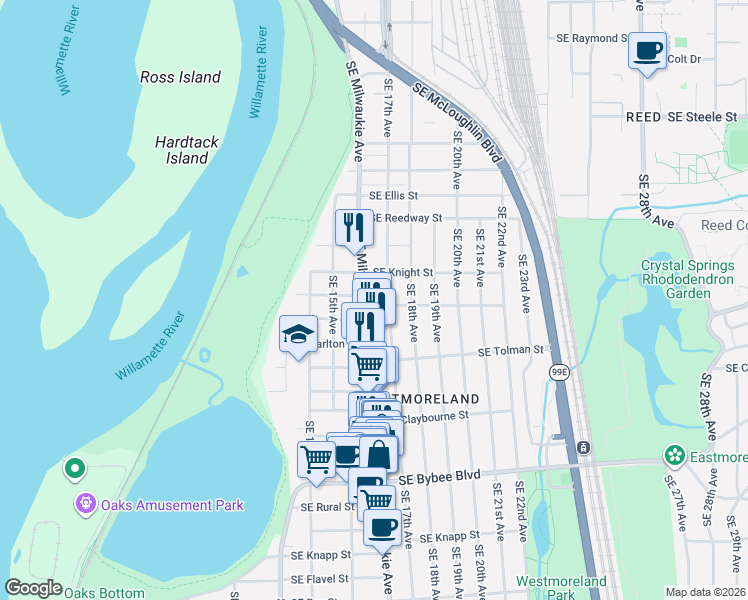 map of restaurants, bars, coffee shops, grocery stores, and more near 6108 Southeast Milwaukie Avenue in Portland