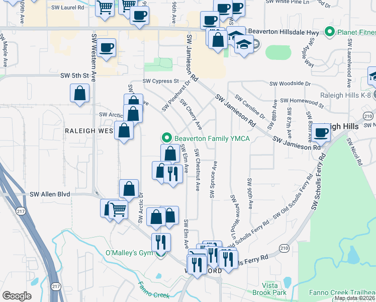 map of restaurants, bars, coffee shops, grocery stores, and more near 5775 Southwest Elm Avenue in Beaverton