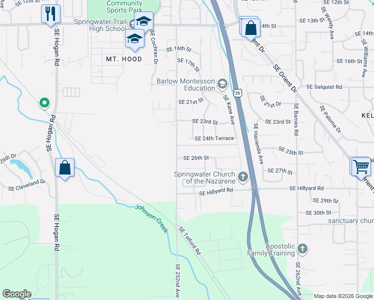 map of restaurants, bars, coffee shops, grocery stores, and more near 2956 Southeast 26th Street in Gresham